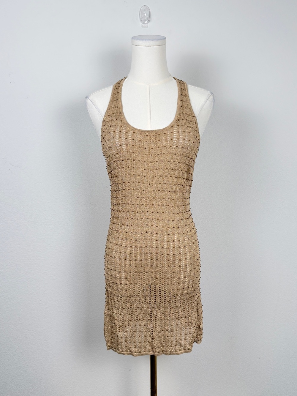 Pepe Jeans Metallic Crochet Knit Beaded Racerback Beach Cover Up Dress